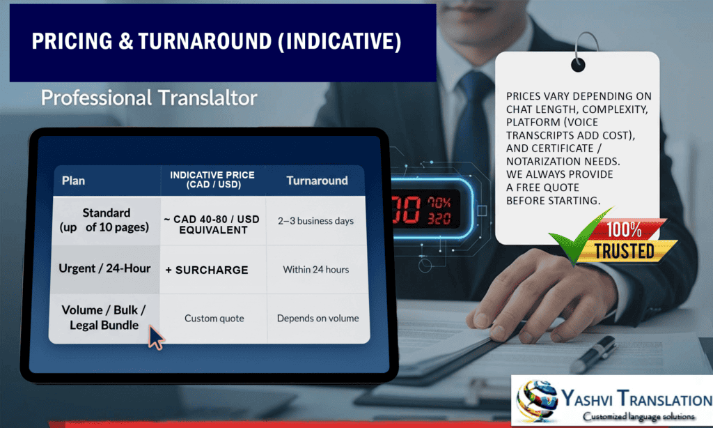 Yashvi Translation graphic showing indicative pricing and turnaround times for professional chat translation, with a 100% trusted guarantee.
