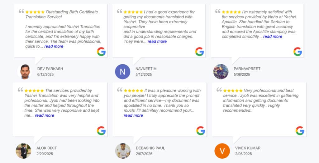 Collage of 5-star Google reviews for Yashvi Translation, praising professional, quick, and cooperative apostille and translation services.