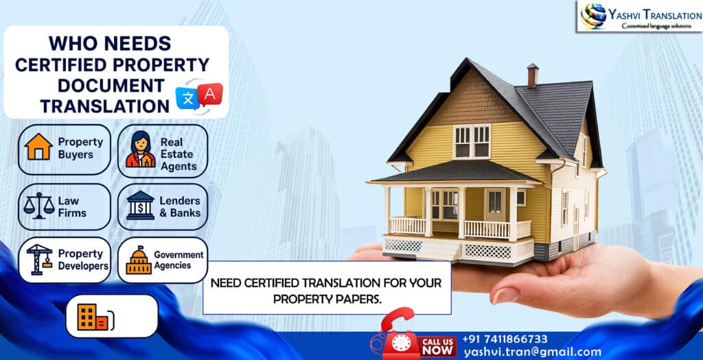 Infographic listing who needs certified property translation: buyers, agents, law firms, banks, developers, and government agencies.