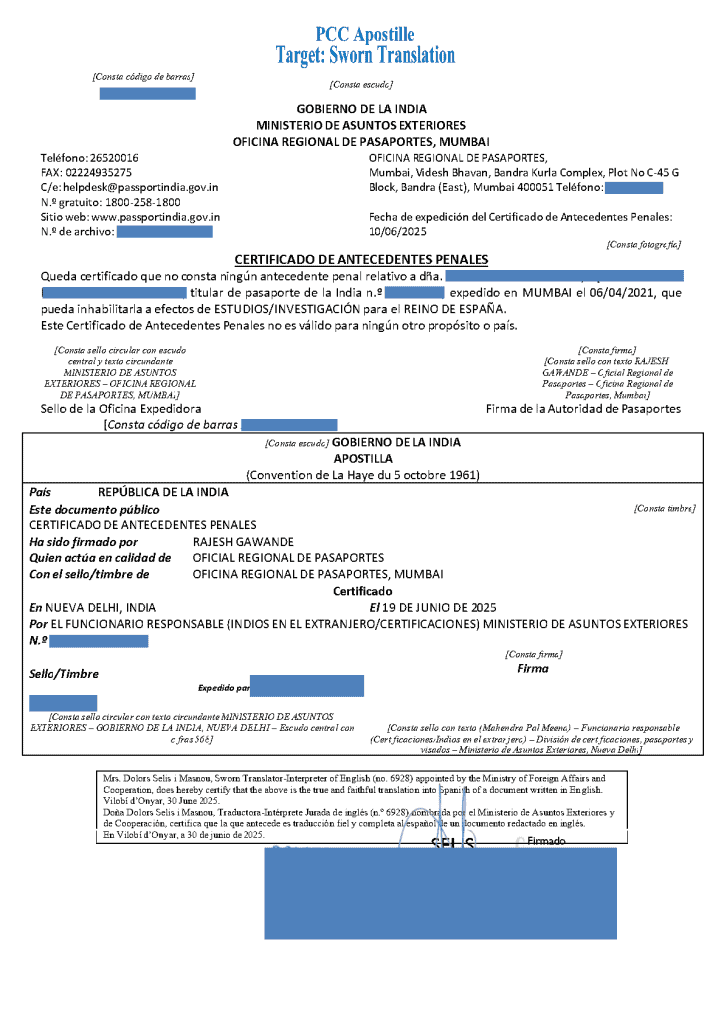Sworn Spanish Translation of Indian PCC Apostille