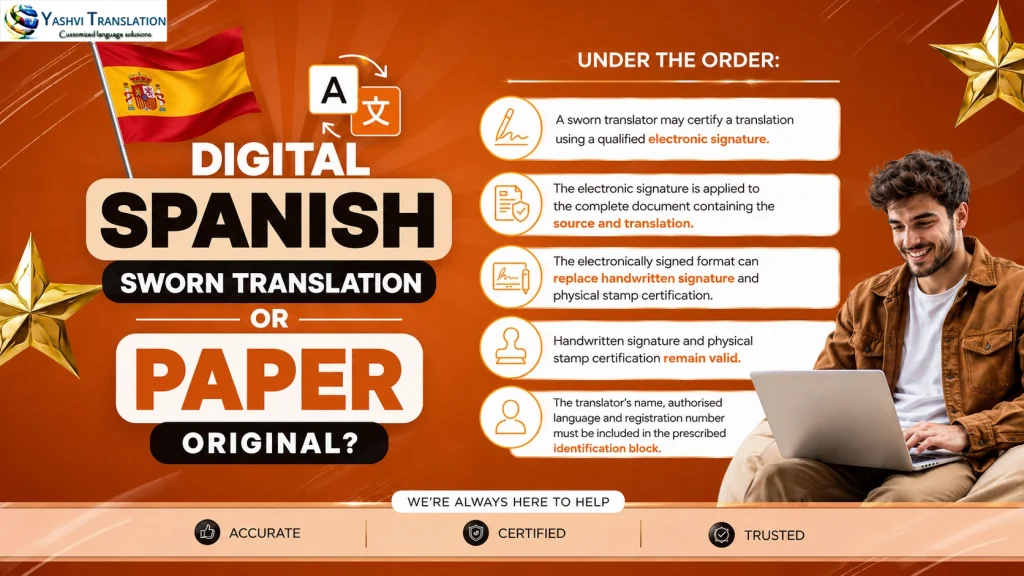 Digital Spanish Sworn Translation or Paper Original with Spain flag, translation icon, and electronic signature requirements.