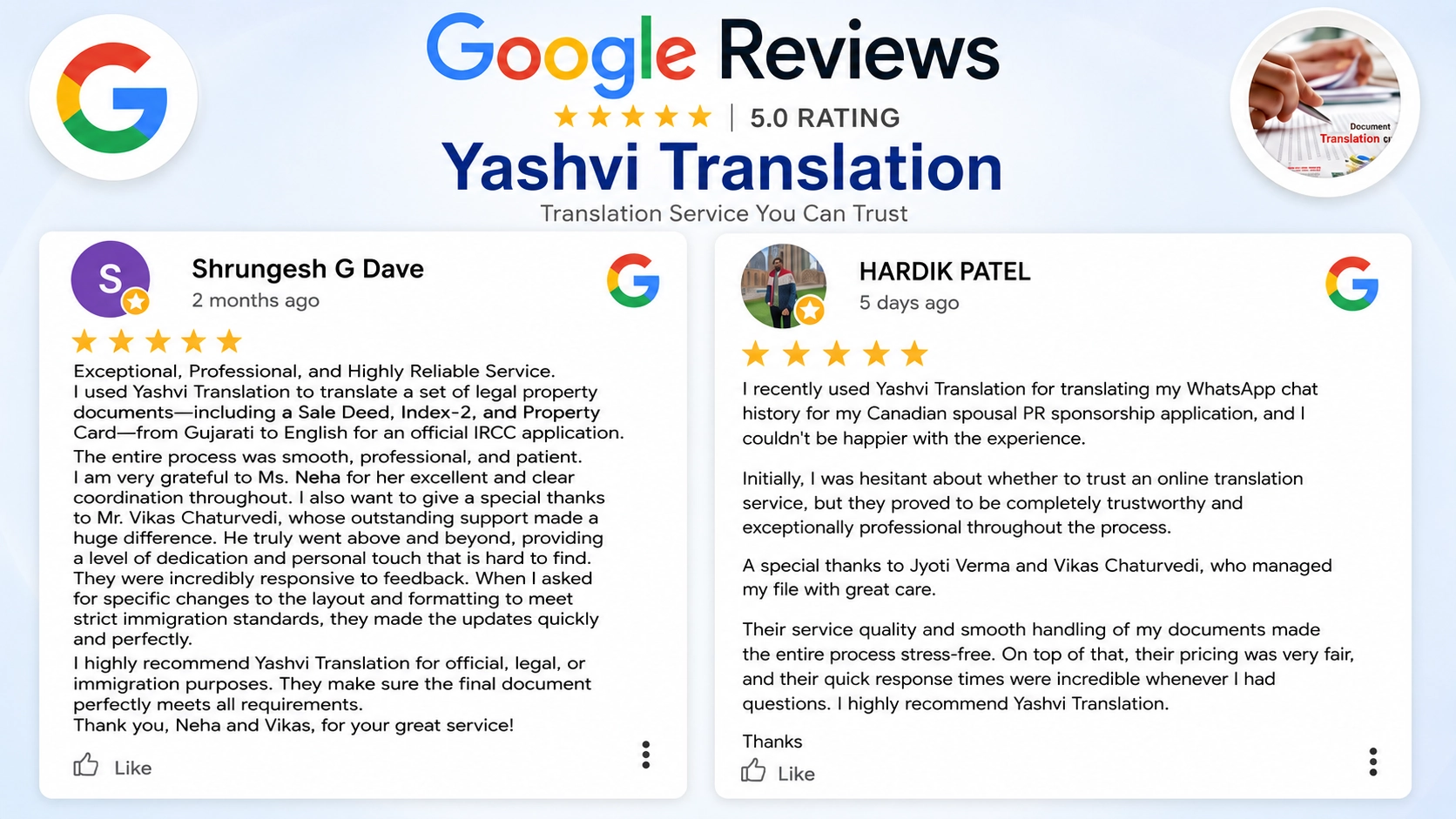 Yashvi Translation Google Reviews