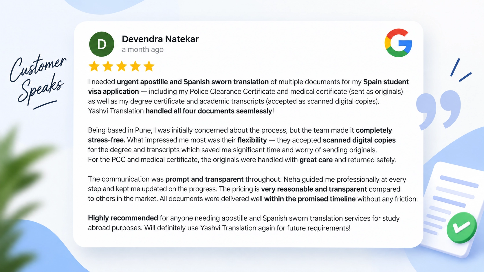 Google review for Yashvi Translation services